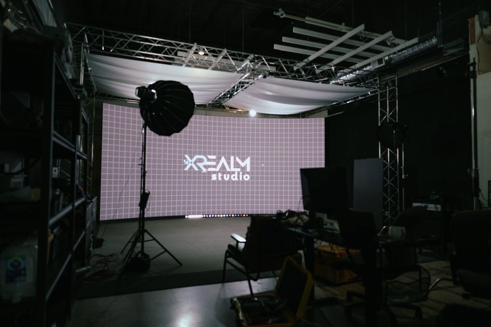 The LED volume with overhead truss, softboxes and diffusion
